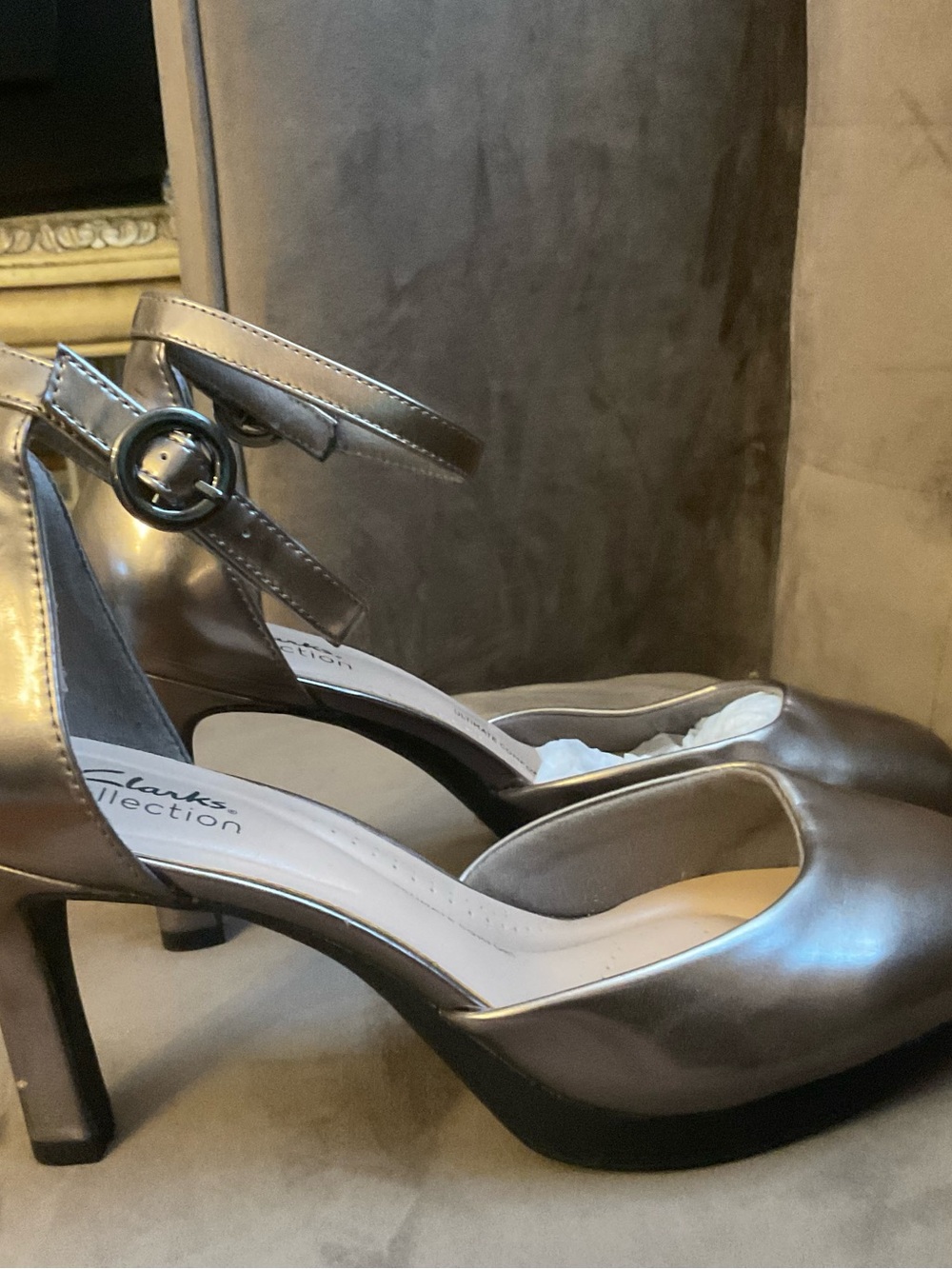 Clarks Metallic Pewter Ankle-Strap Heels